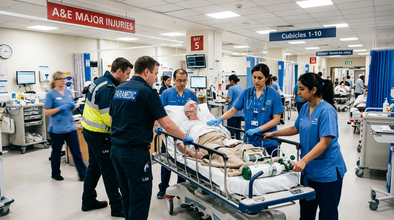 Paramedics and nurses transfer a patient on a stretcher in A&E major injuries